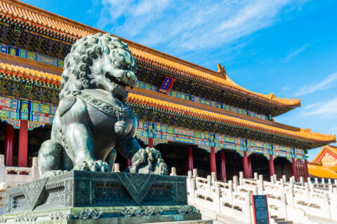 Bronze lion in front of the Hall of Supreme Harmony in Beijing Forbidden City.