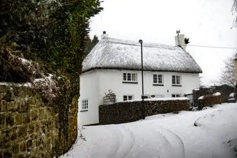 Drewsteignton, Devon, United Kingdom, 01/03/2018:- Snow covered landscape during the Beast From the East Winter Storm March 2018